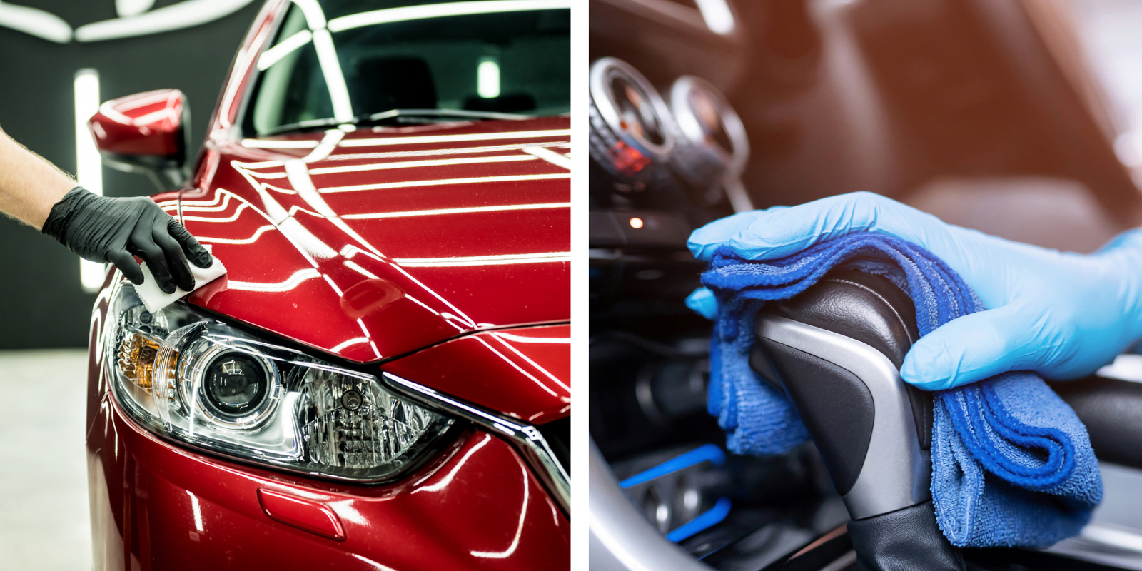 a car detailing professional at Jax Auto Spa polishing the exterior of a red car in the right picture, and another one cleaning the gear knob in the left picture